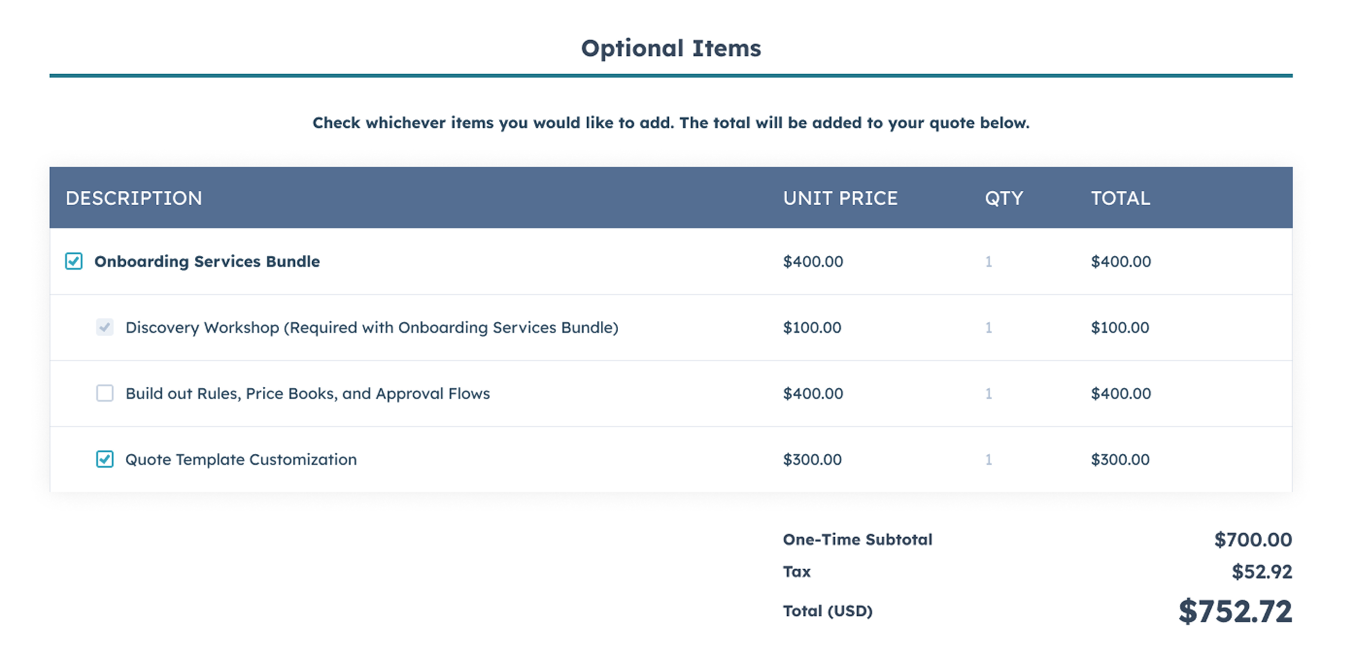 Optional Line Items on Quote