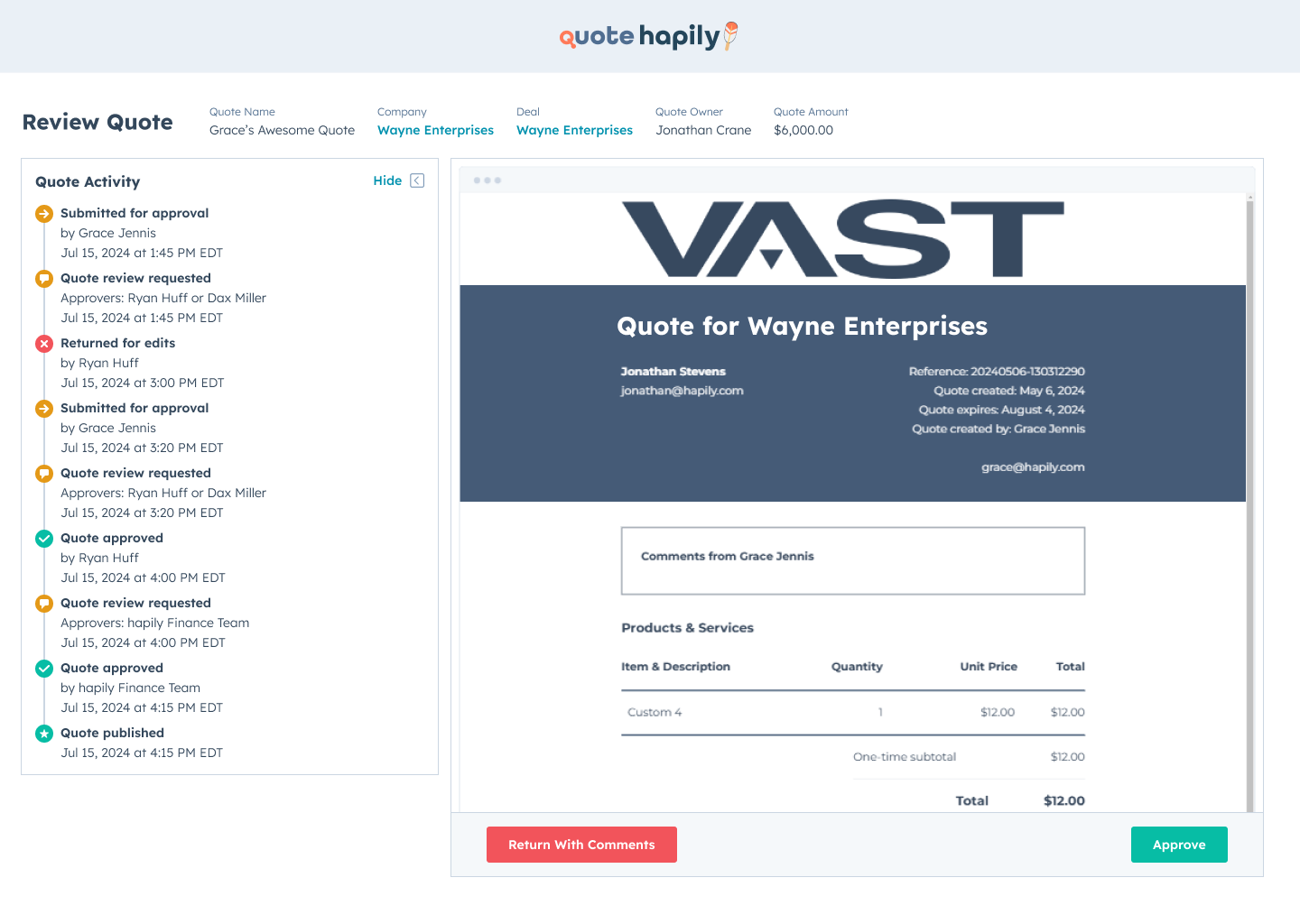 quote hapily - Admin Screens - Review Quote - Audit Trail Expanded