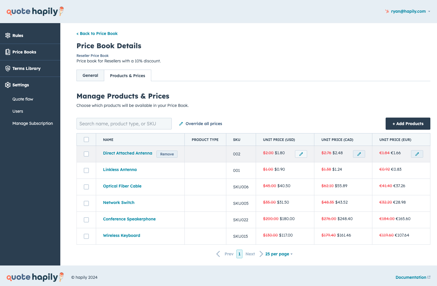 quote hapily - Price Book Adjustments