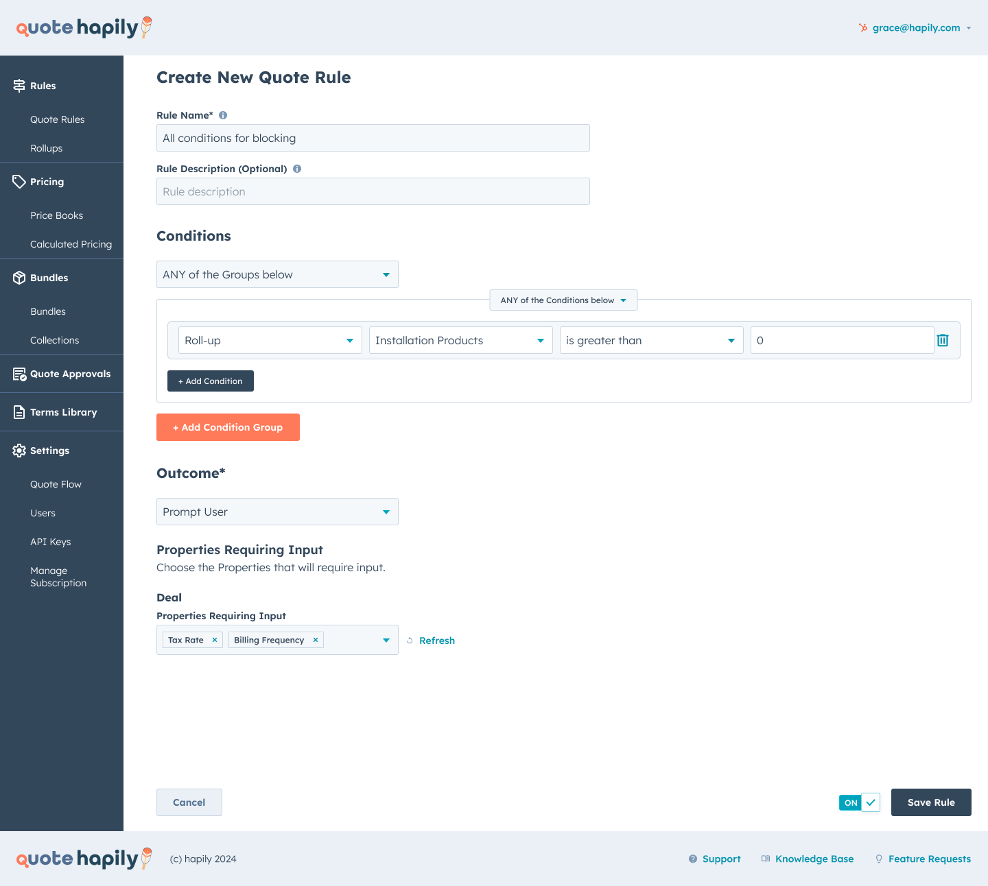 quote hapily - Rule Builder - Require Input - Selected State